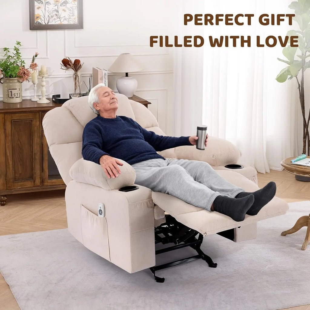 Massage Rocker Recliner Chair with Heat & Vibration Nursery Glider 4 Pockets 2 Cup Holders Fabric Beige, Customized