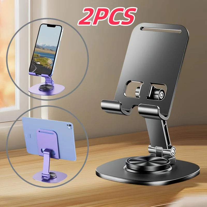 2pcs Folding Phone Stand, All-Metal Phone & Tablet Stand, 360-Degree Rotating Base with Silicone, Features Soothing Mechanical Sound, Perfect for Home, Office And Travel Use, Live Streaming, Selfie Sticks, Video Recording, Id