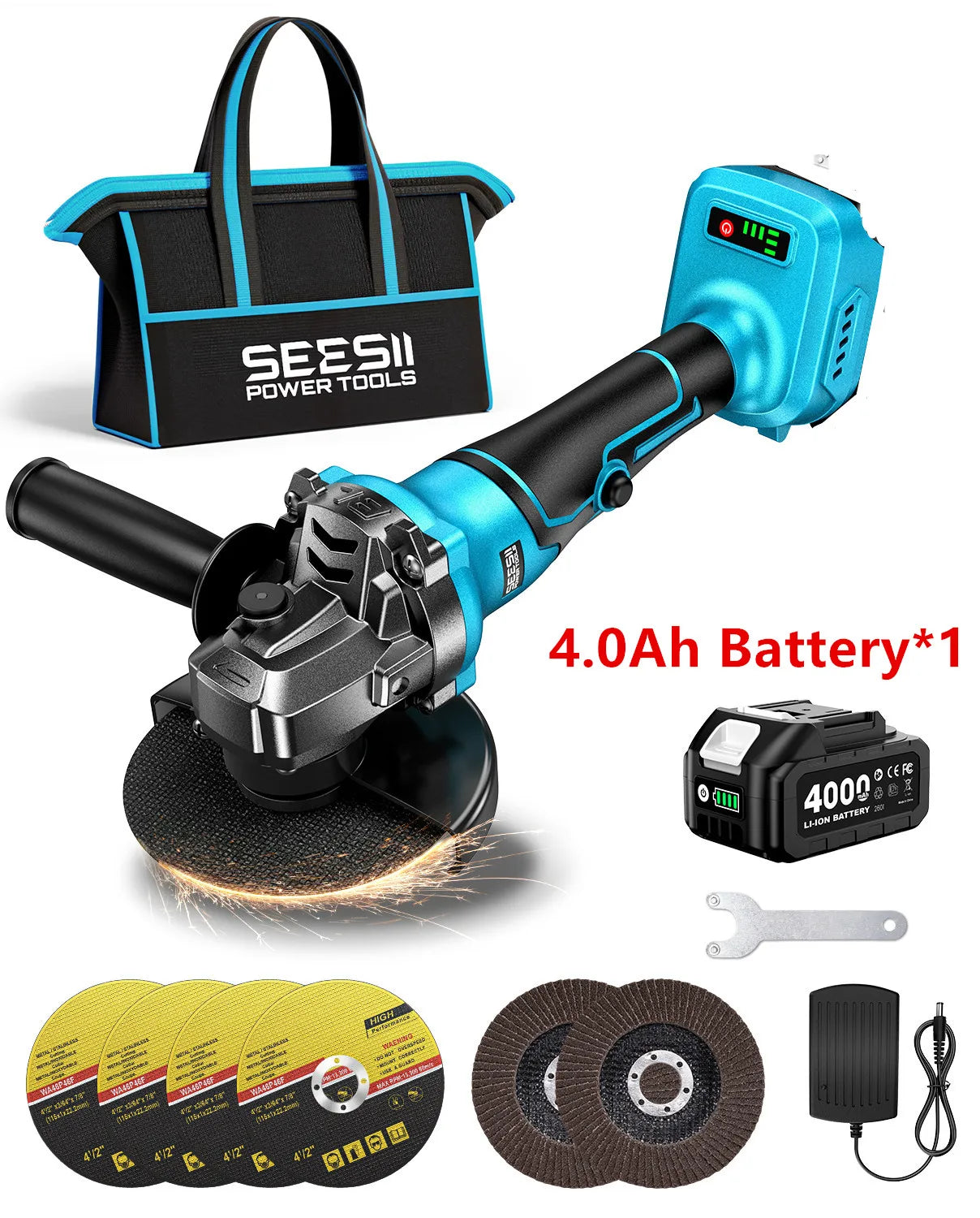 SEESII Angle Grinder Tool Cordless Brushless 4 1/2 Inch Variable Speed Settings 10000RPM Handheld Electric Power Tool with Cutting Wheels and Flap Wheels 4.0 Battery