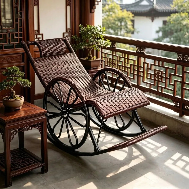 Adult Rattan Rocking Chair, Outdoor Leisure Recliner, Nap Swing Chair for Living Room Balcony Elderly Relaxation