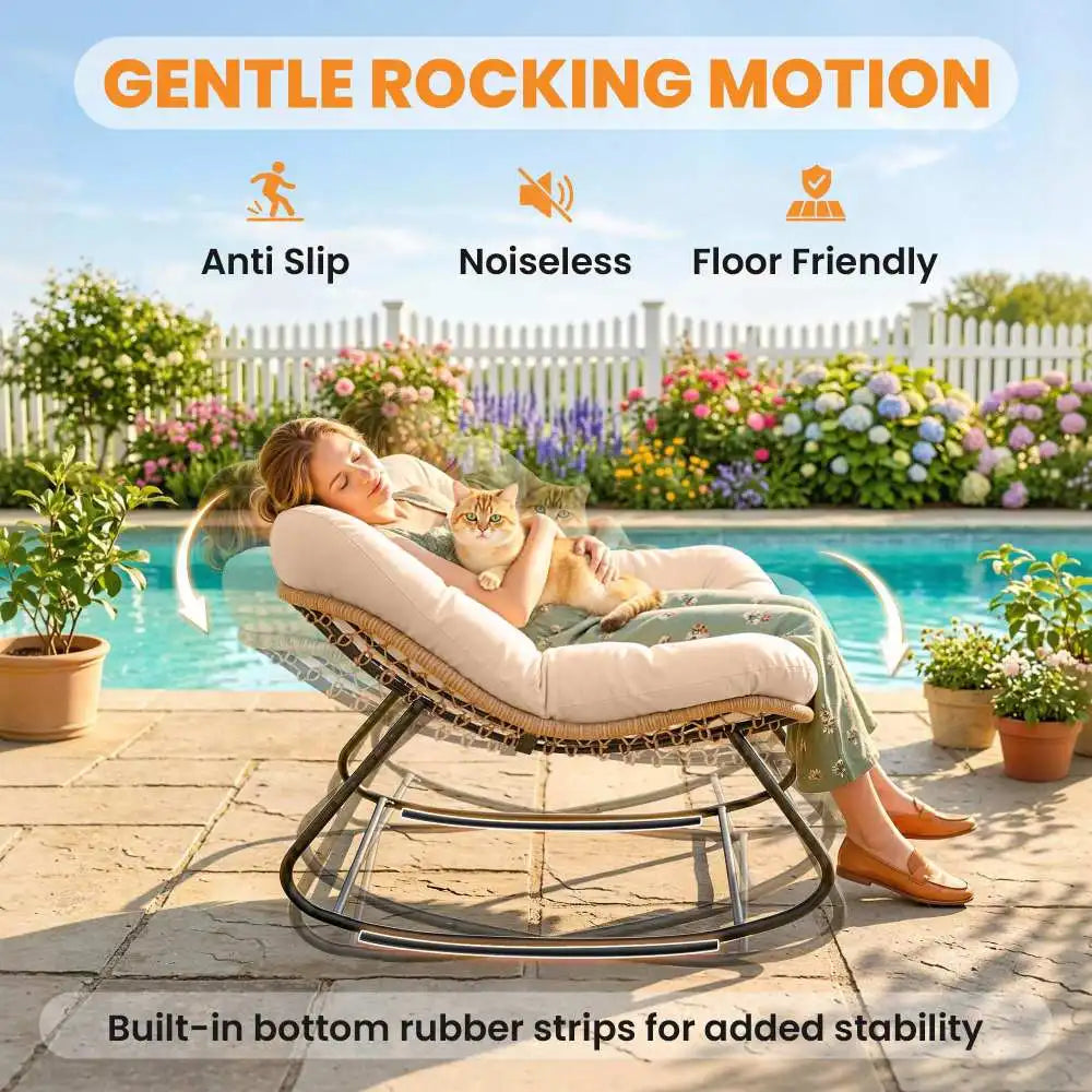 Oversized PE Wicker Rocking Papasan Chair, Egg‑Shaped Outdoor Saucer Chair with 3.9" Thick Cushion, Powder‑Coated Steel Frame Anti‑Slip Rocker for Porch Balcony