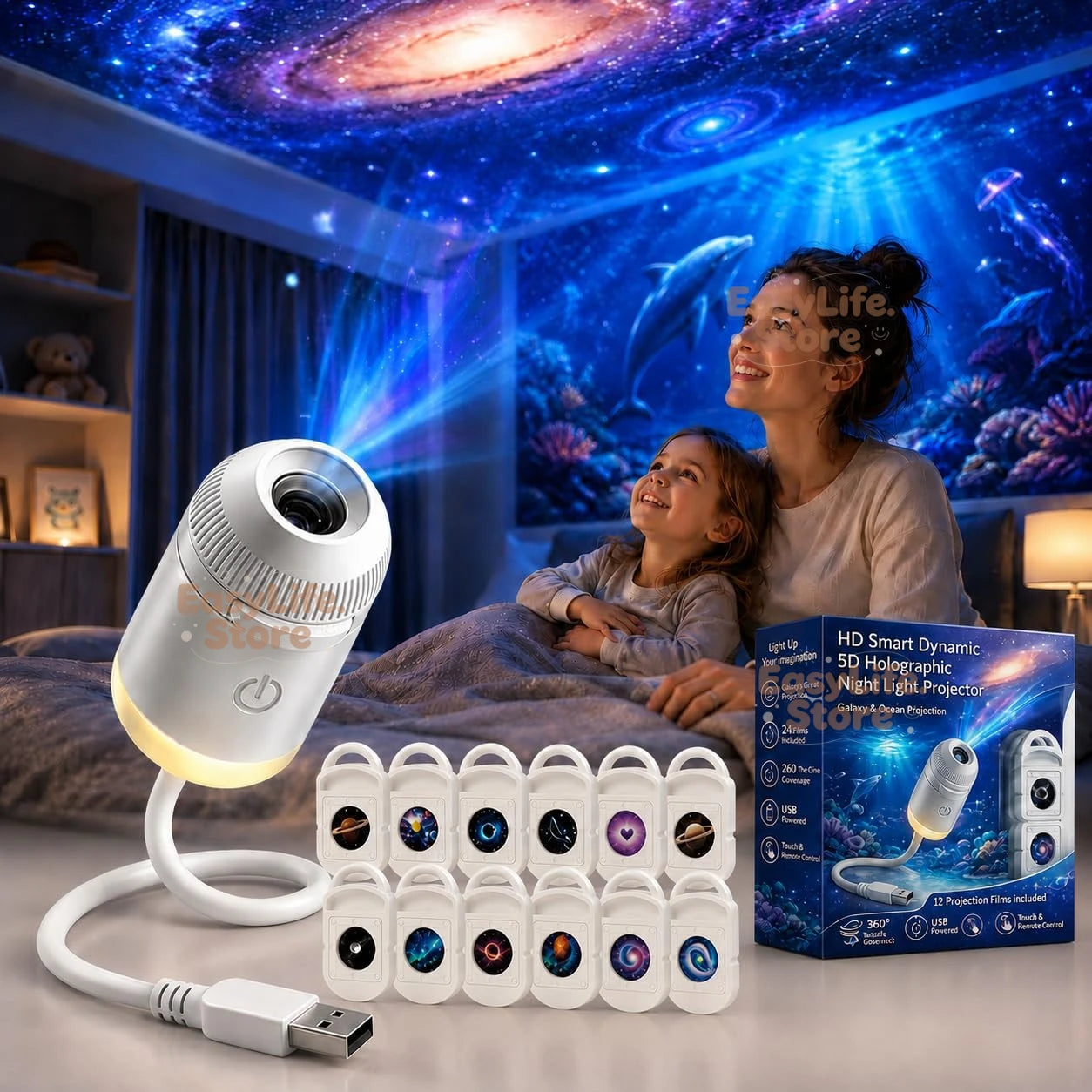 HD Smart Dynamic 5D Holographic Night Light Projector, 2-in-1 Galaxy Star and Ocean Projector with 24 Films for Bedroom Decor