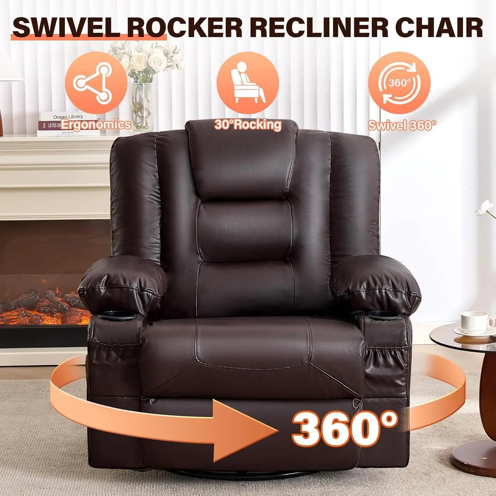 Swivel Rocker Recliner Chair with Vibration Massage and Heat for Living Room,with Rocking Function and Side Pocket, PU Leather U