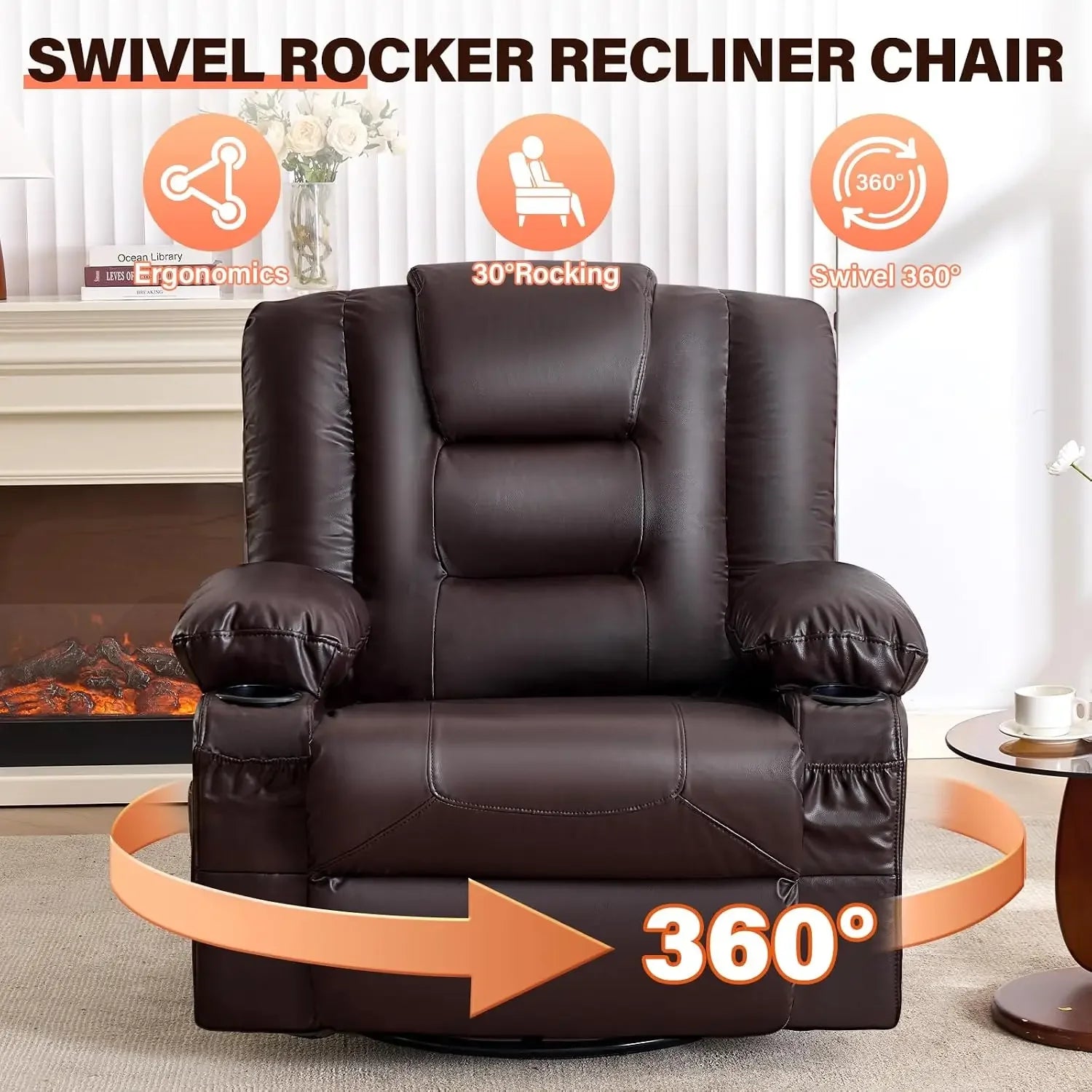 Swivel Rocker Recliner Chair with Vibration Massage and Heat for Living Room,with Rocking Function and Side Pocket, PU Leather U