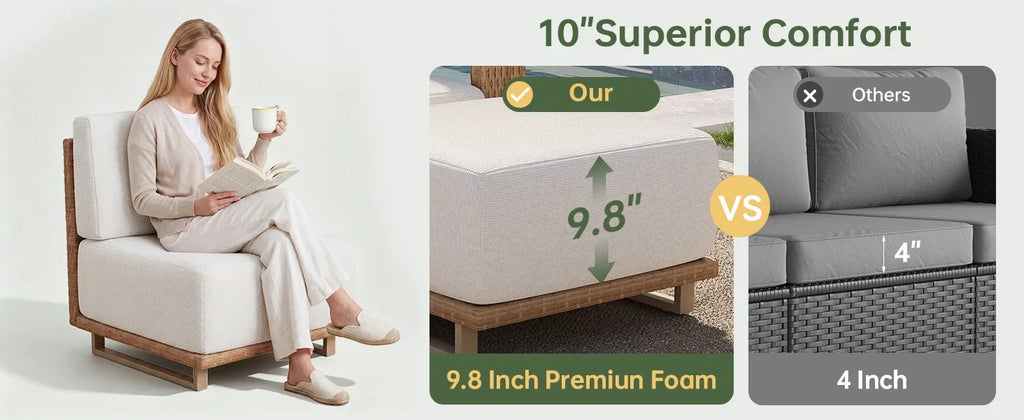 Aoxun Patio Furniture Set, 6 Piece Outdoor Wicker Sofa, Yellow/Beige | All‑Weather Rattan Modular Sofa with 10'' Ultra‑Thick Cus