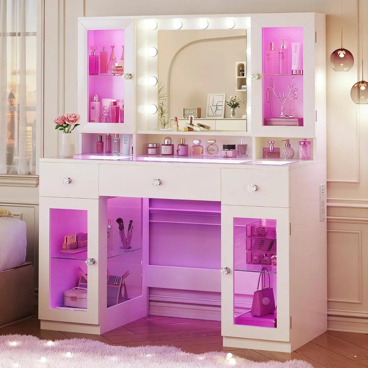 Vanity Desk with Mirror and RGB Lights, 43' Large Makeup Vanity with Glass Top, 4 Large Glass Cabinets, Power Outlet & 3 Drawers