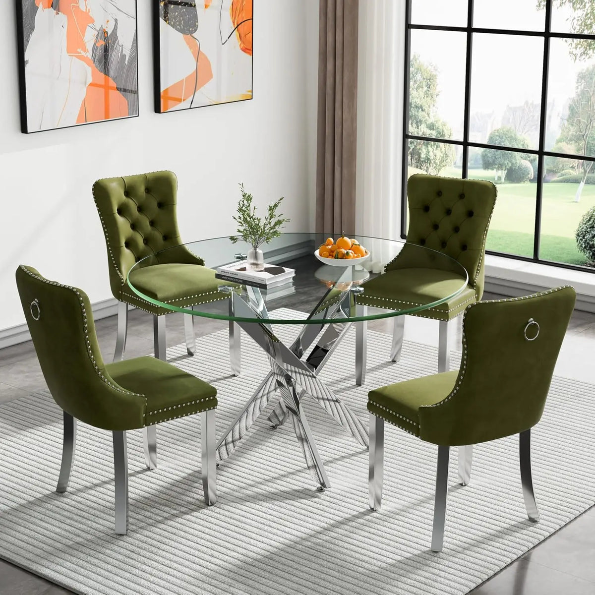 5-Piece Round Glass Dining Table Set for 4, 47.2" Circle Table with 4 Tufted Chairs for Kitchen Home Office, Customized