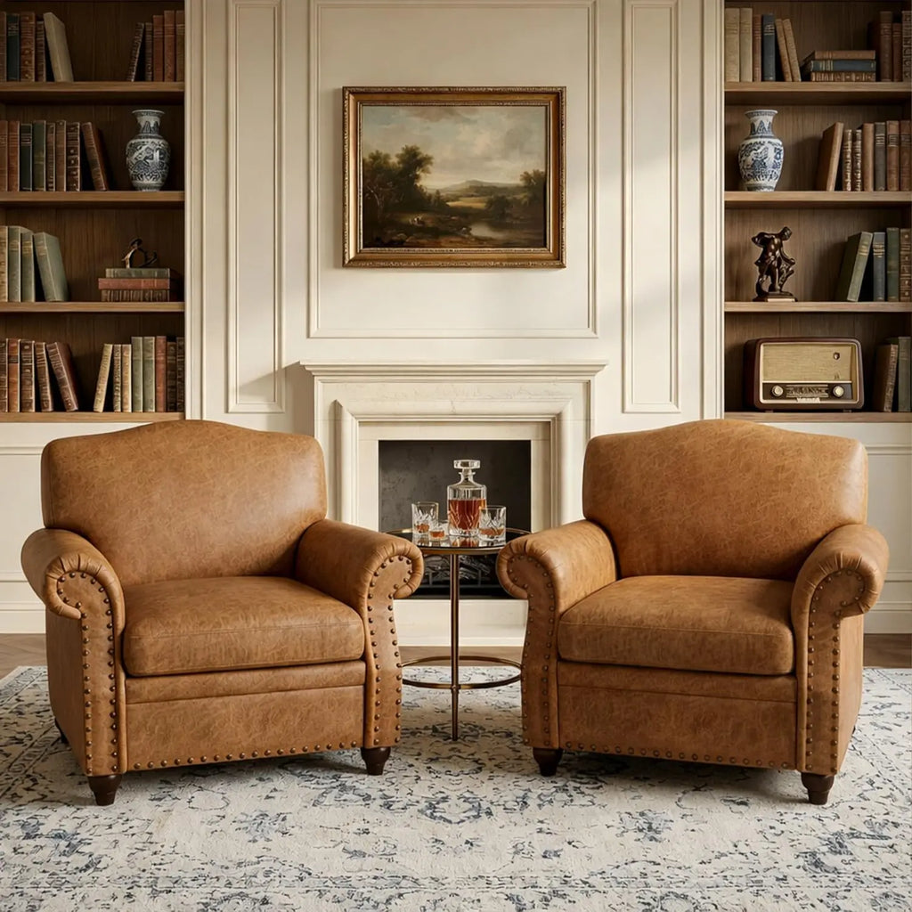 Faux Leather Accent Chairs Set of 2 with Rivet Design, Living Room Arm Chair with Rolled Arms and Nailhead, Large, Customized