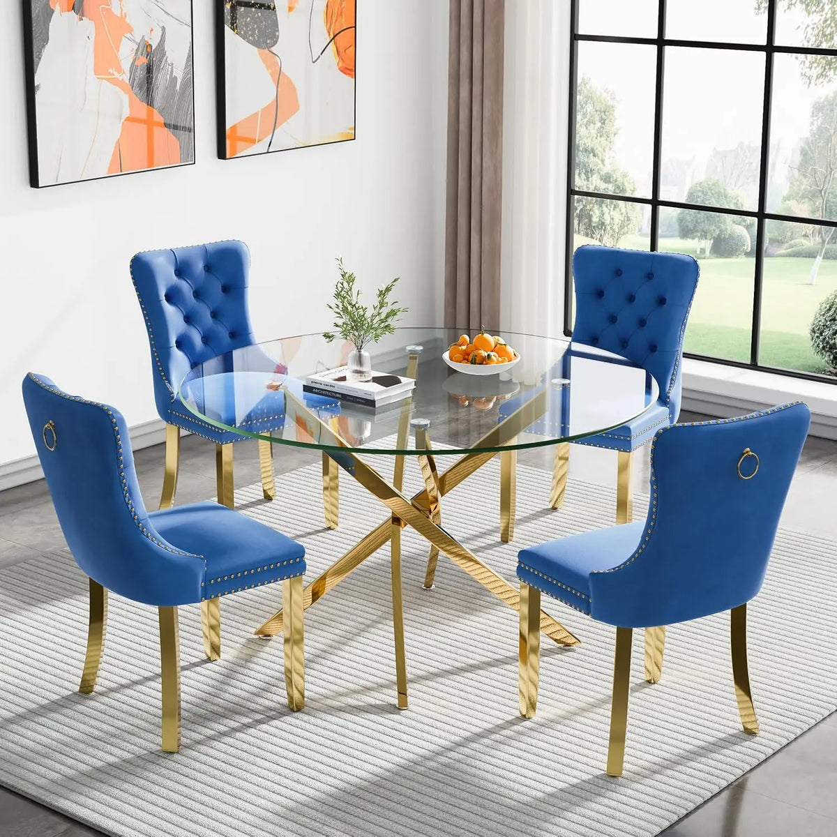 5-Piece Round Glass Dining Table Set for 4, 47.2" Circle Table with 4 Tufted Chairs for Kitchen Home Office, Customized