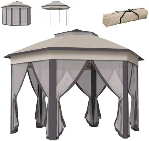 13' x 13' Pop Up Gazebo, Hexagonal Canopy Shelter with 6 Zippered Mesh Netting, Event Tent with Strong Steel Frame for