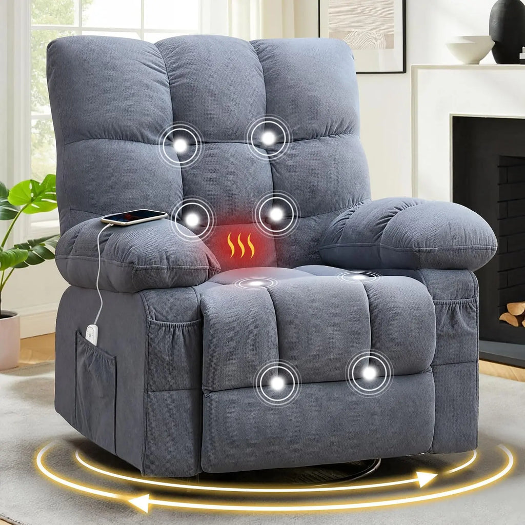Swivel Rocker Recliner Chair with Vibration Massage Heat USB Port Side Pocket for Living Room, Customized
