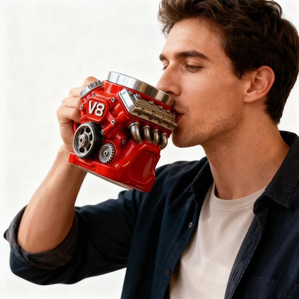 Retro Engine Coffee Mug with Handle 300ML V8 Engines Stainless Steel Cup Double Wall Realistic Design Insulation Car Mug