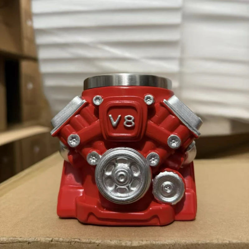 V8/V6 Engine Shape Coffee Mug Creative Stainless Steel Liner Car Enthusiast Gift Red Mechanical Style Cup