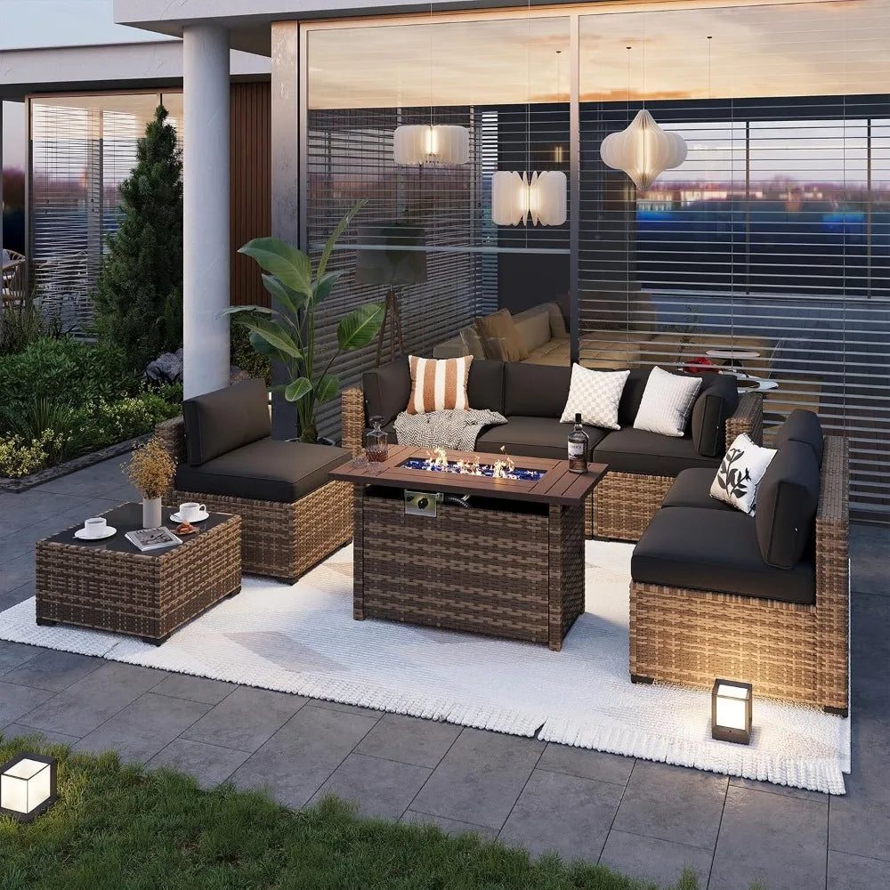 8-Piece Outdoor Patio Furniture Set with 44'' Propane Gas Firepit Table, Wicker Conversation Sectional Sofa for Backyard