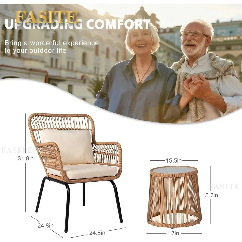 3 Piece Outdoor Wicker Furniture Bistro Set, Rattan Chairs Conversation Porch