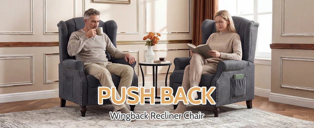 TCGBKAF Mid Century Wingback Pushback Recliner Armchair Massage & Heated Recliner Chair with Button-Tufted Back, Rivet Decoration and Solid Wood Legs for Living Room, Bedroom & Office