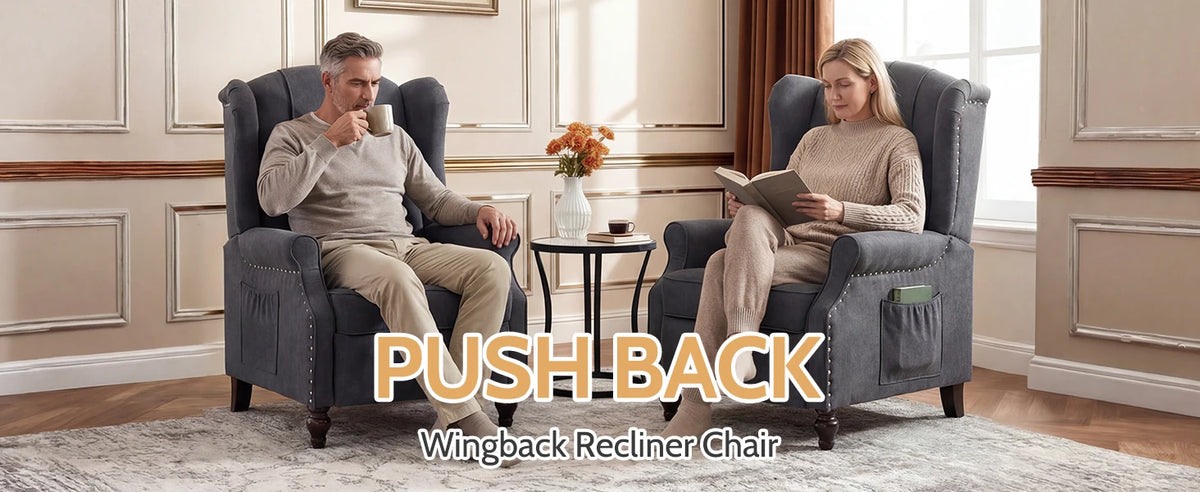 TCGBKAF Mid Century Wingback Pushback Recliner Armchair Massage & Heated Recliner Chair with Button-Tufted Back, Rivet Decoration and Solid Wood Legs for Living Room, Bedroom & Office