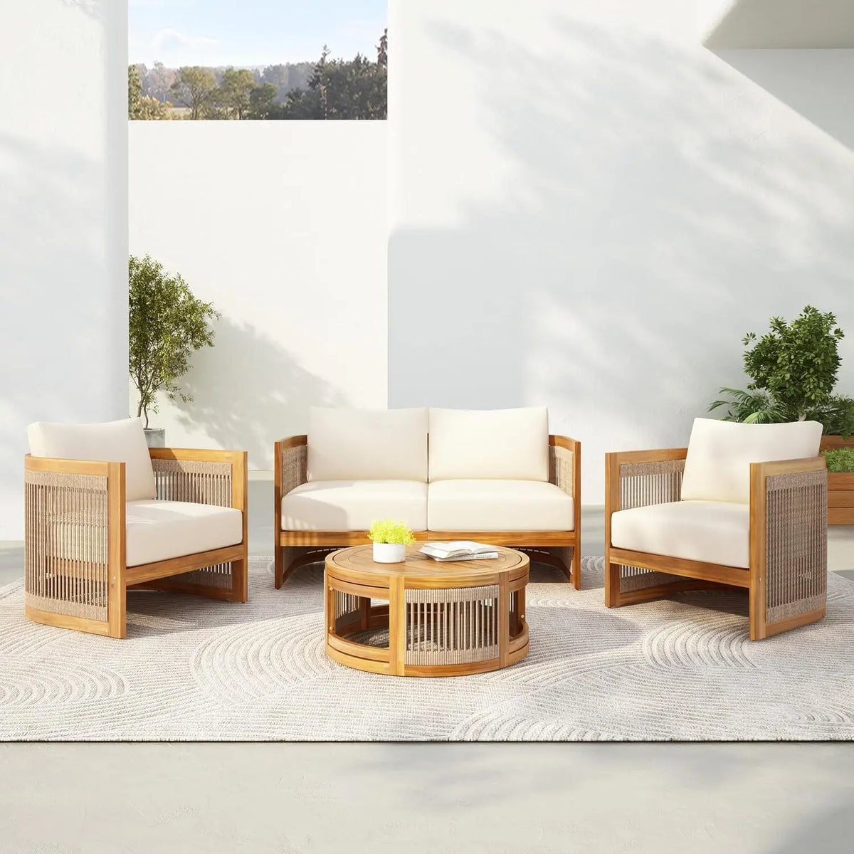 4-Piece Patio Set, All Weather Sectional w/ 2 Chairs, Loveseat & Table, Acacia Wood Outdoor Furniture with Cushions, Customized
