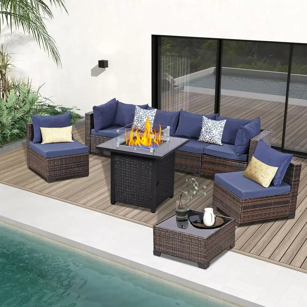 8-Piece Outdoor Patio Furniture Set with Fire Pit, Wicker Sectional Sofa, Thick Cushions & Coffee Table - Ideal for Backyard, Po