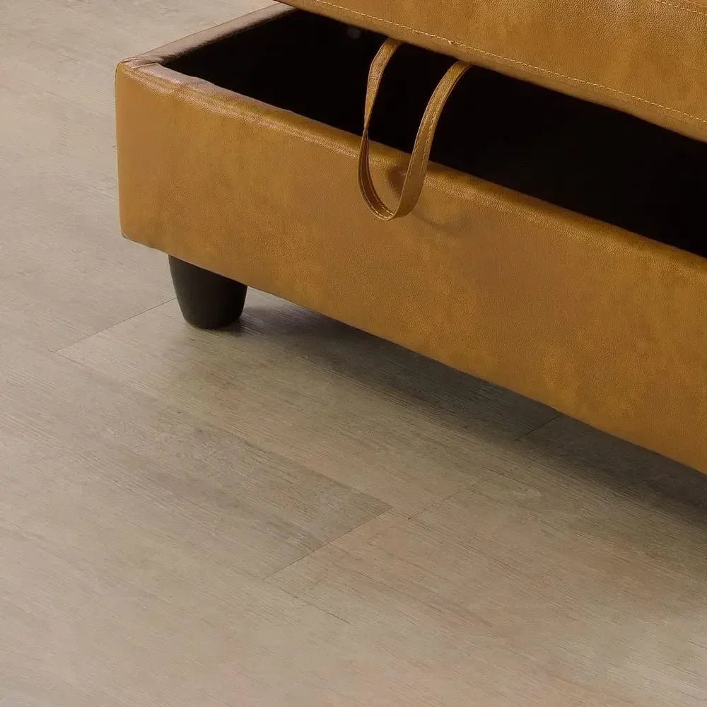 Leather Sectional Sofa with Storage Ottoman and Right Chaise in Ginger