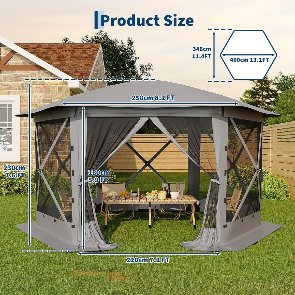 Portable Collapsible Gazebo Screen Tent – 6-Sided, 13FT/11FT, Removable Canopy Top, Bite-Proof Mesh, All-Weather Outdoor Shelter for Camping, Patio, Backyard