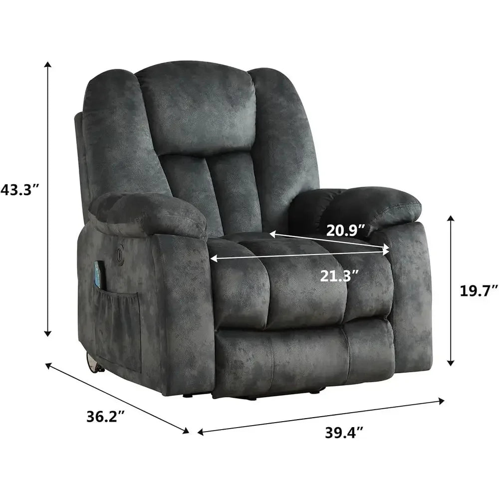 Oversized Recliner with Massage, Heat, USB Port, and Safety Mechanism for Elderly, Gray