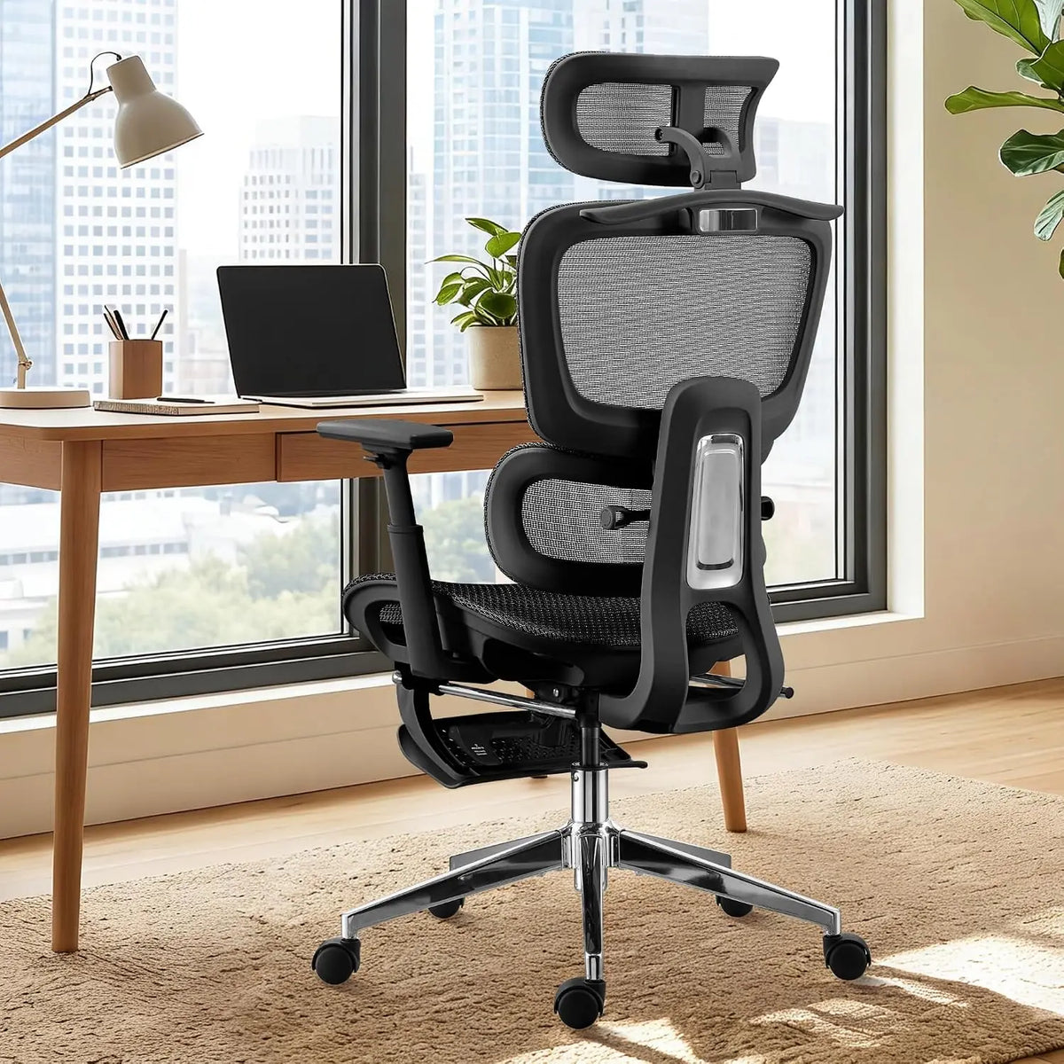 Ergonomic Office Chair, Home Mesh Desk Computer Chair, Comfortable Gaming Chair with Footrest, Wheels, Adjustable 2D Headrest, L