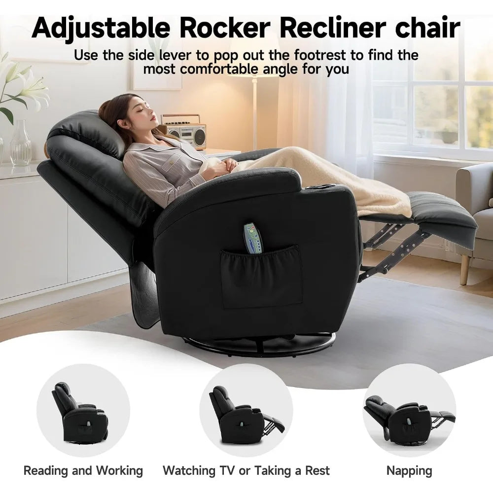 Massage and Heat Recliner Chair, 360° Swivel, Manual, Remote Control, Cup Holder for Living Spaces