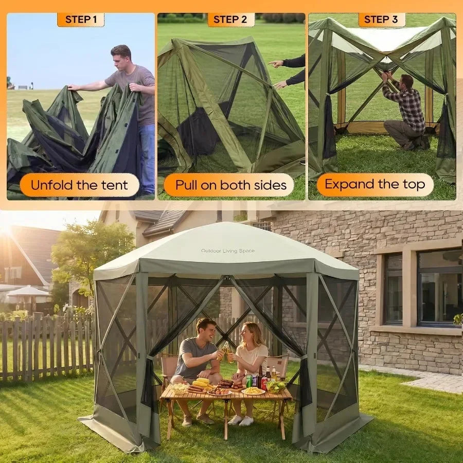 Feet Pop Up Canopy Tent, 6-Sided Portable Gazebo with Mosquito Netting and Removable Wind Cloths, Large Shelter Tent for Outdoo