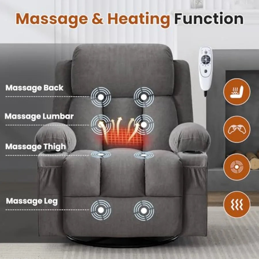 Swivel Rocker Recliner Chair with Vibration Massage and Heat for Living Room, with Rocking Function and Side Pocket, USB Charge