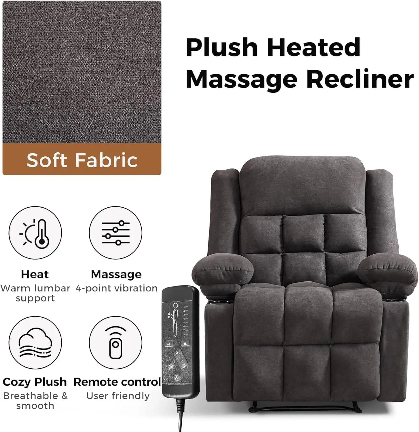 Manual massage heated adult recliner, armchair with two cup holders and side pockets, living room recliner sofa, gray