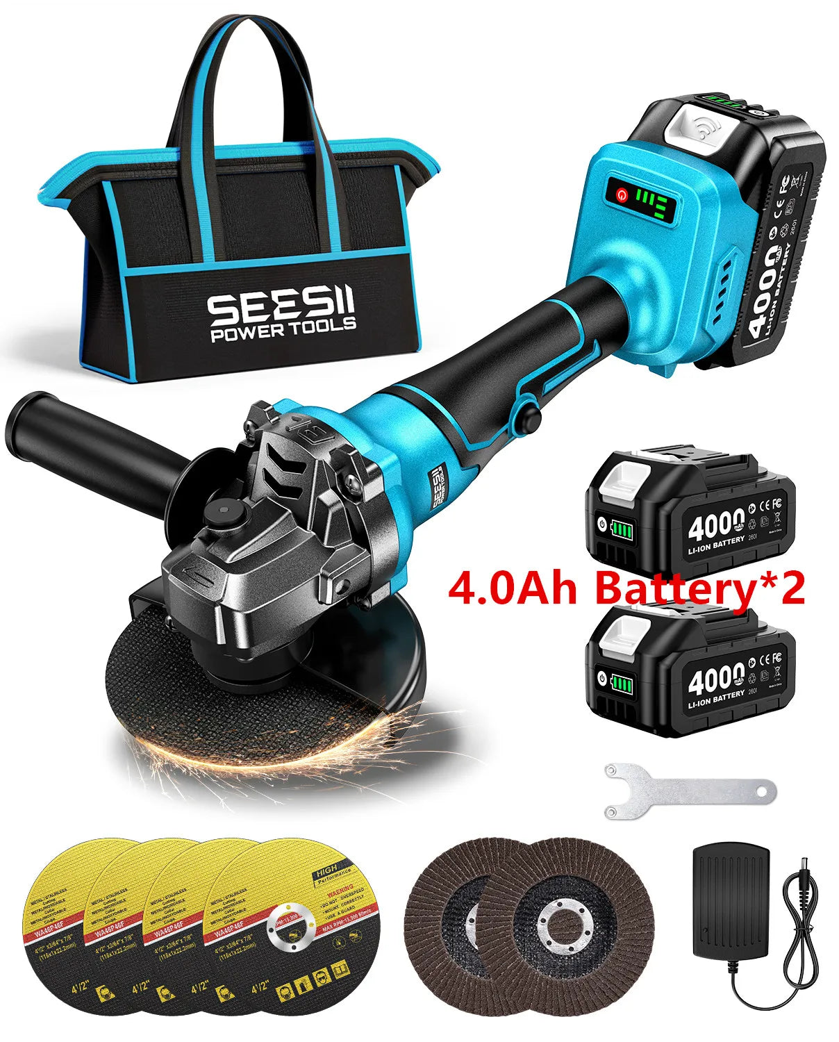 SEESII Angle Grinder Tool Cordless Brushless 4 1/2 Inch Variable Speed Settings 10000RPM Handheld Electric Power Tool with Cutting Wheels and Flap Wheels 4.0 Battery