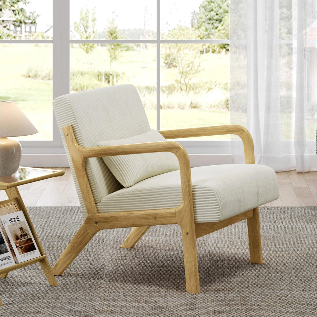 （Local US Inventory）Accent Chair for Living Room Corduroy Mid Century Modern Reading Armchair with Lumbar Pillow for Bedroom Dec