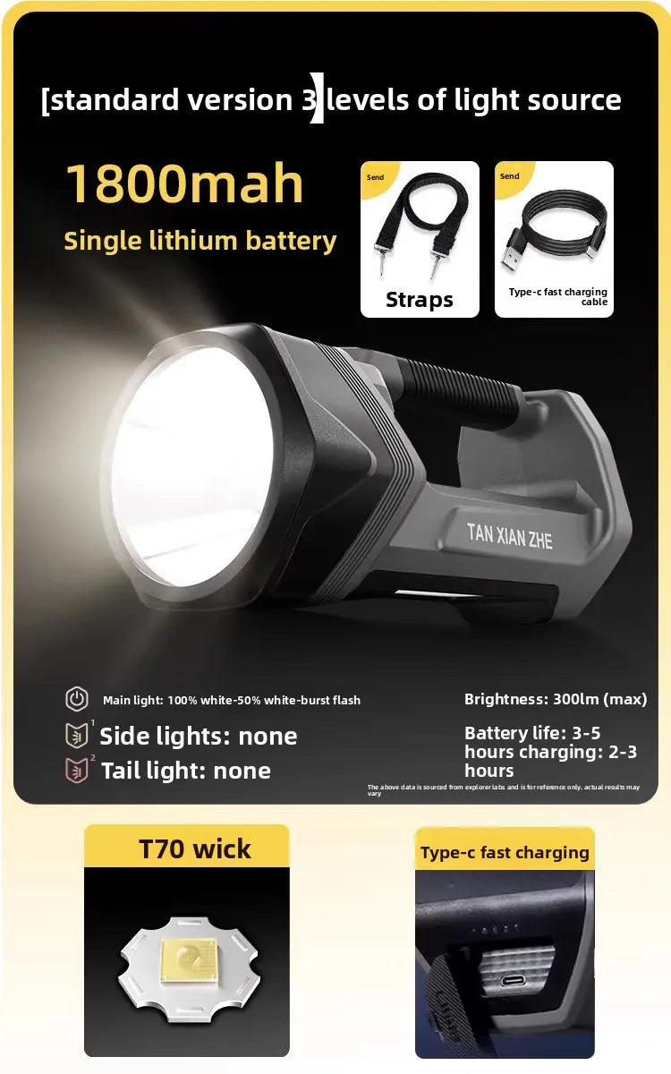 Rechargeable High Lumen LED Flashlight Large Capacity Battery Long Runtime Portable Outdoor Torch For Night Insect Catching