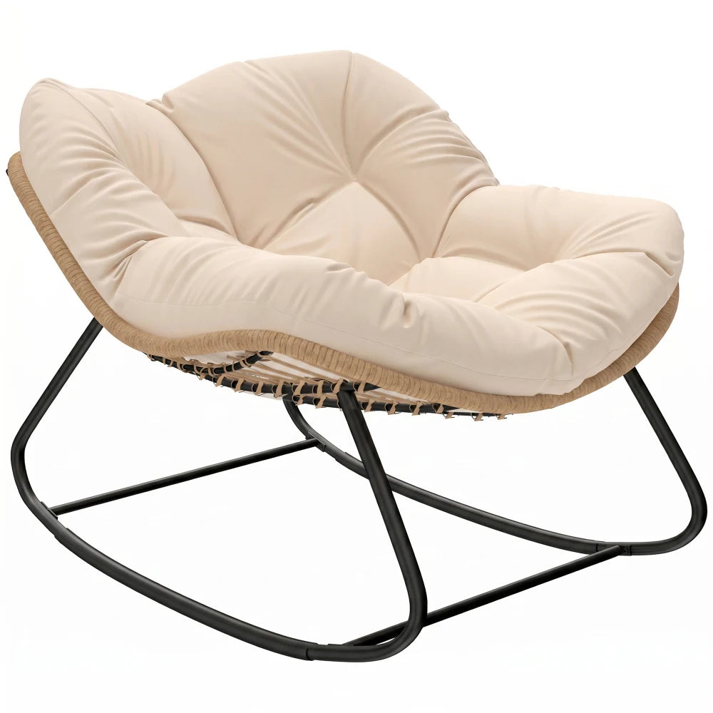 Oversized PE Wicker Rocking Papasan Chair, Egg‑Shaped Outdoor Saucer Chair with 3.9" Thick Cushion, Powder‑Coated Steel Frame Anti‑Slip Rocker for Porch Balcony