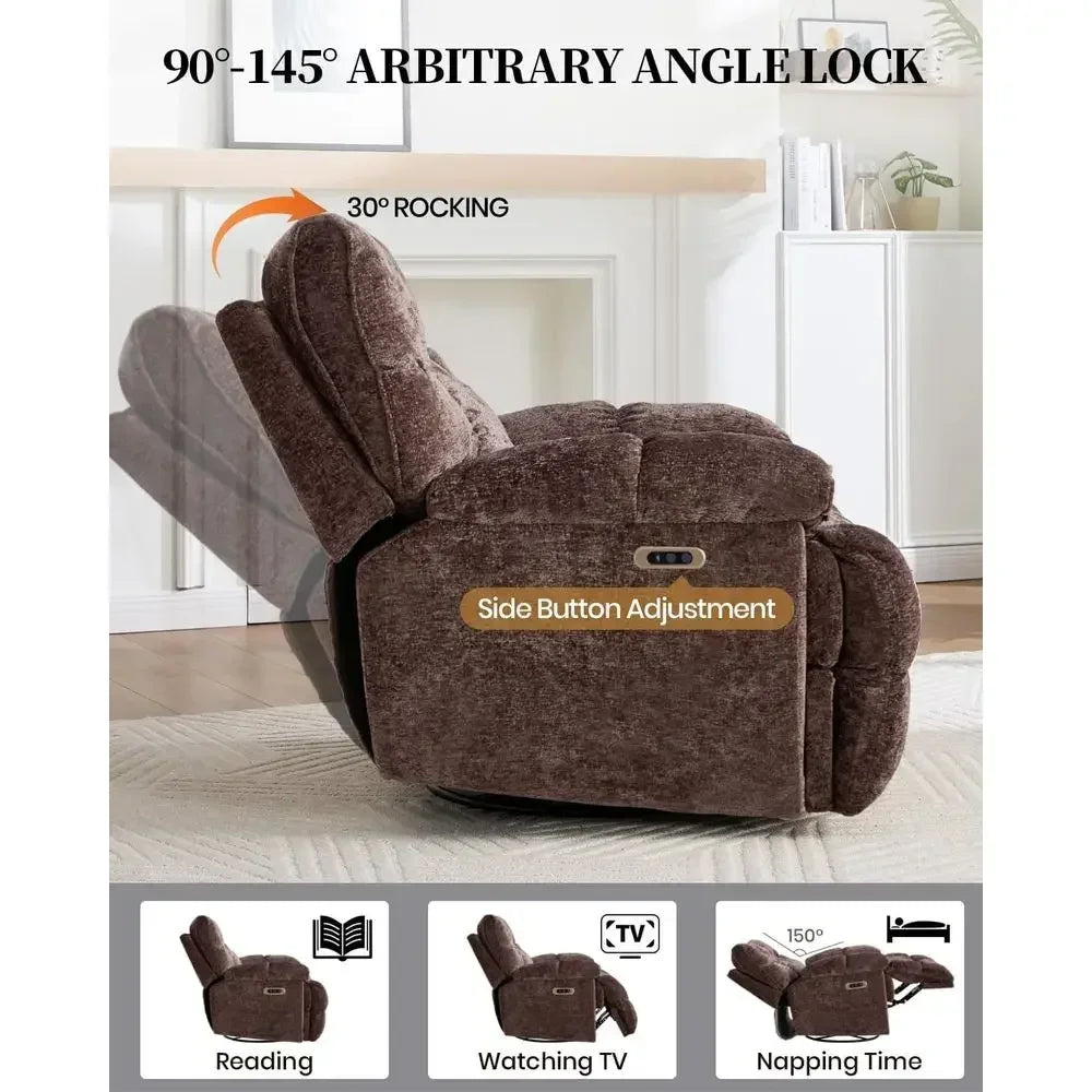 Extra Wide Power Recliner with Swivel, Rocker, and USB Ports, Ideal for Living Room or Nursery, Supports Up to 375lbs, Brown