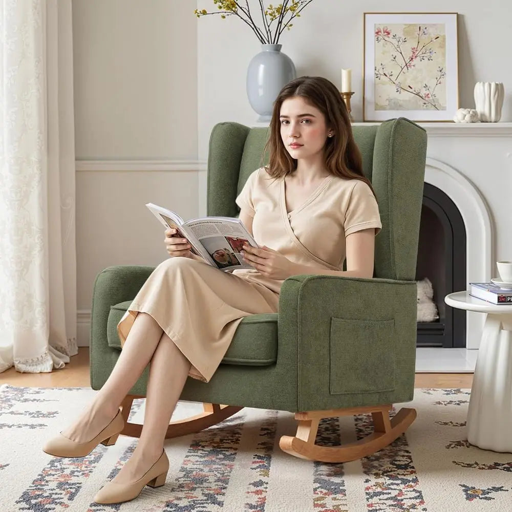 High-Back Solid Wood Nursery Rocking Chair with Wingback Accents for Comfortable Reading in Living Room or Bedroom