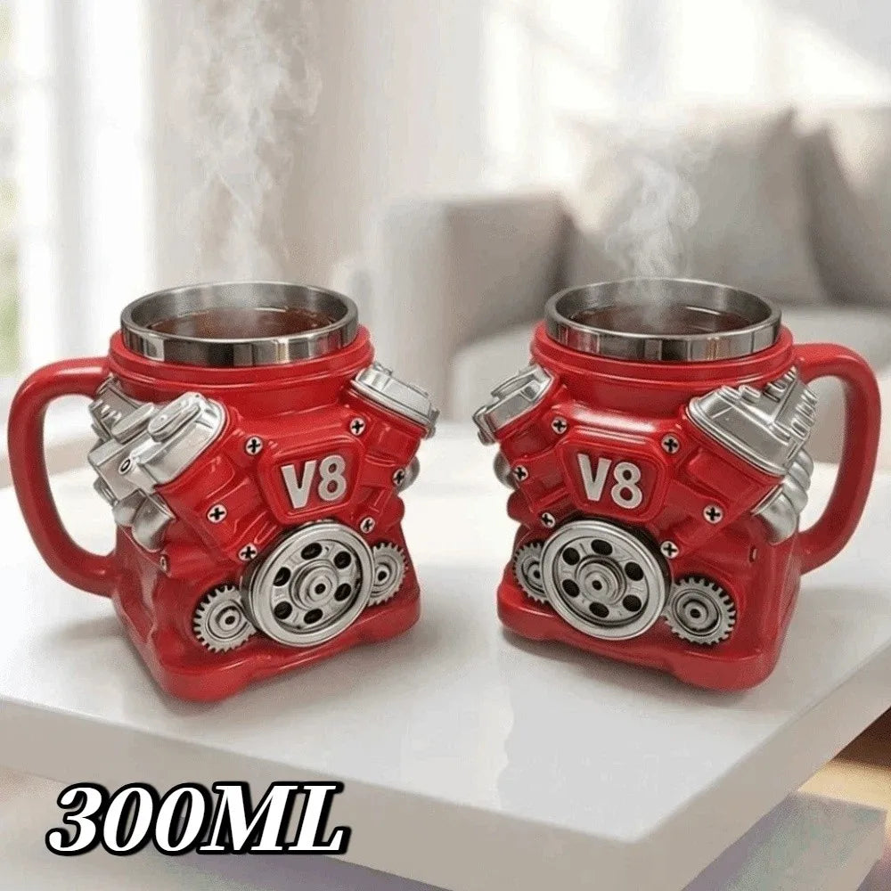 Retro Engine Coffee Mug Double Wall 180ML V8 Engines Stainless Steel Cup with Handle Realistic Design Insulation Car Mug