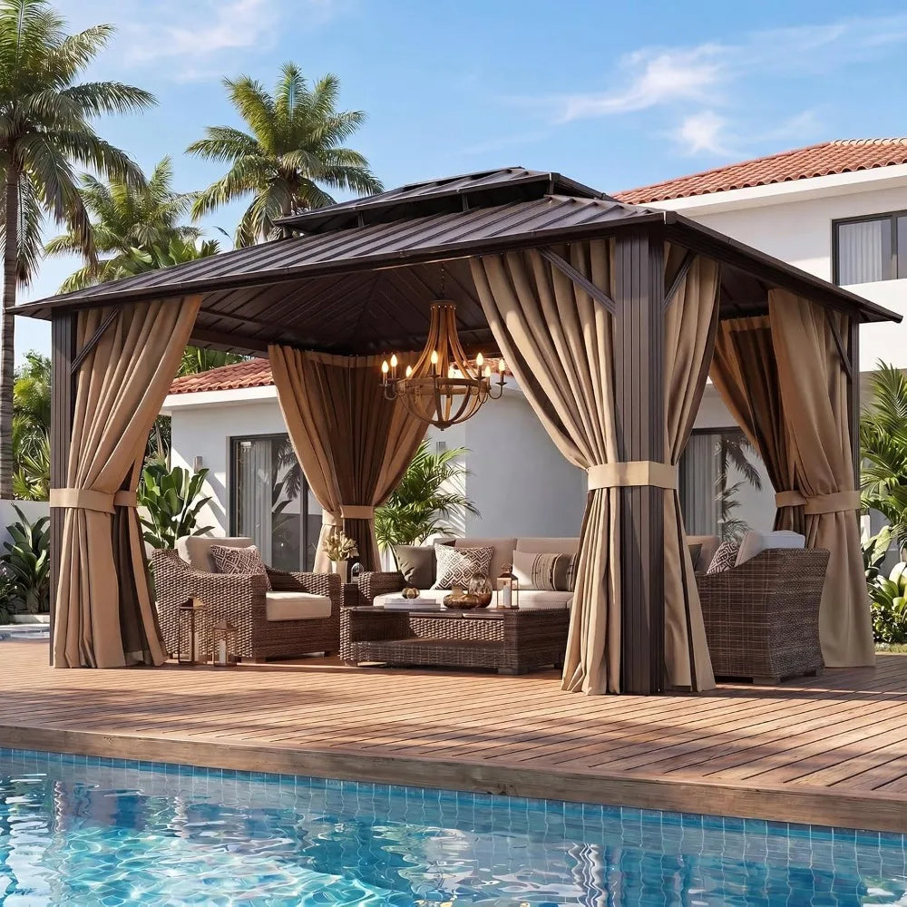 Gazebo 10x12 Hardtop with Double Galvanized Steel Roof, Brown Metal Frame, Netting & Curtains