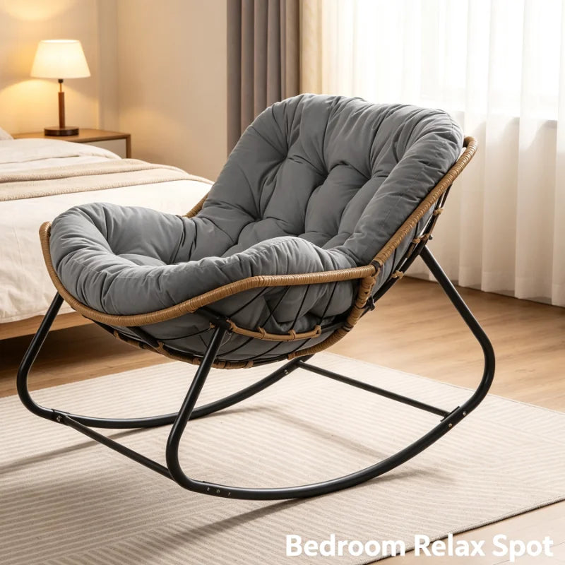 Large Rattan Rocking Chair With Thick Cushion Modern Lounge Seat For Living Room Bedroom Balcony