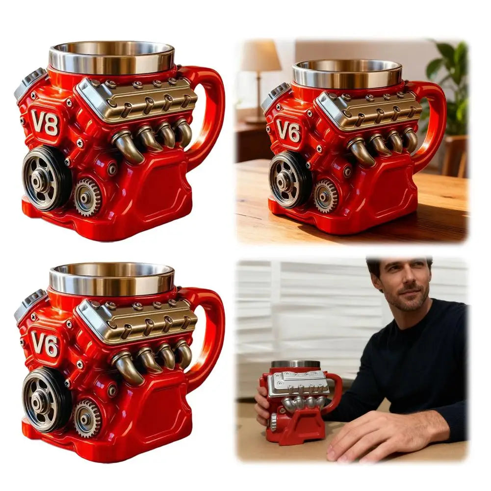 Retro V8 Engine Stainless Steel 3D Coffee Mug Personalized Double Wall Insulation Car Mug With Handle Christmas Gifts Decor