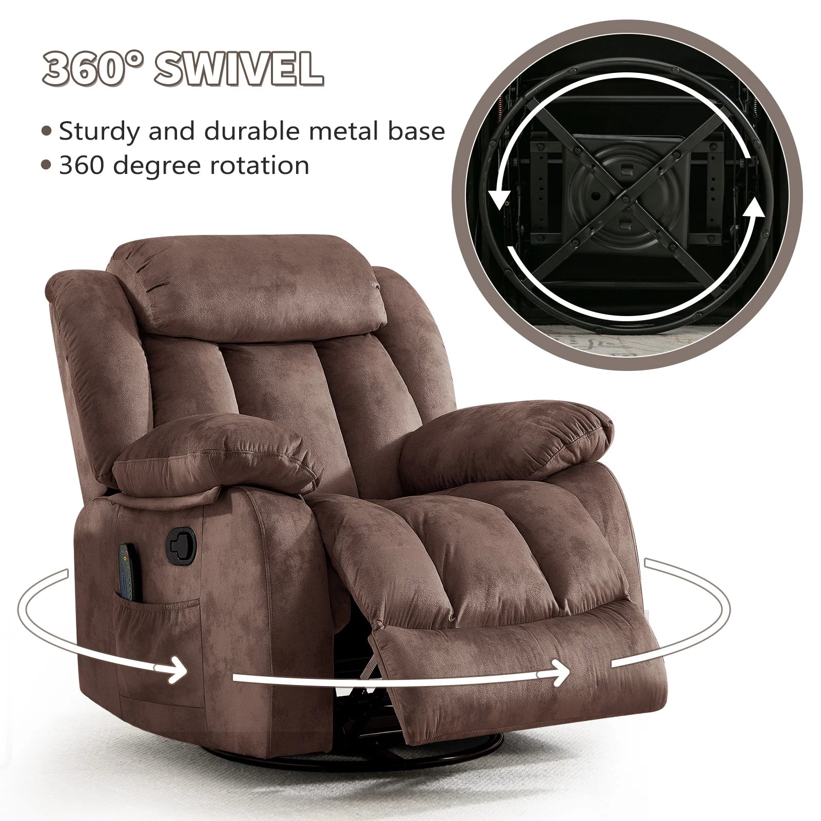 Massage Rocker Recliner with Heat and Vibration, 360 Degree Swivel Manual Antiskid Fabric Single Sofa Heavy Duty Reclining Chair for Living Room