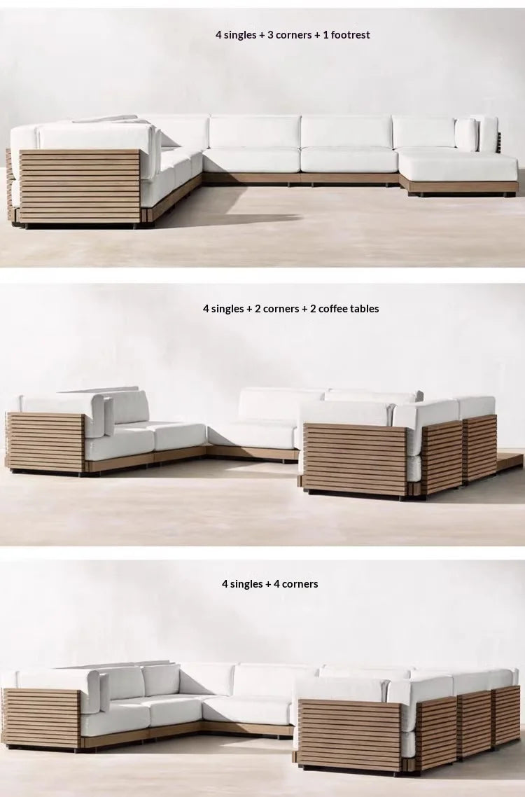 Nordic Solid Wood Outdoor Sofa Set, Luxury Waterproof Sunproof Patio Furniture, Balcony and Garden Leisure Recliner for Villa