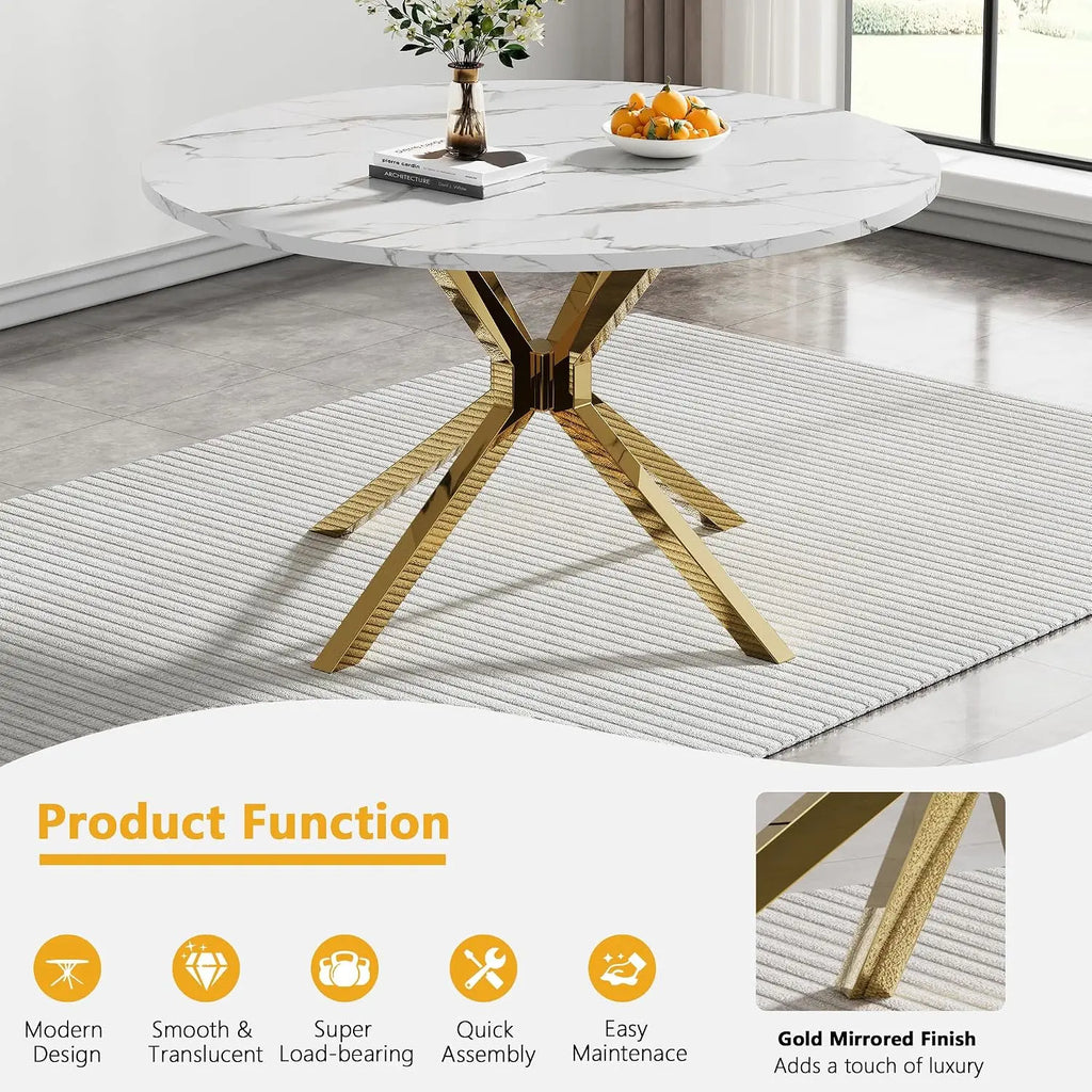 4-Seat Round Dining Table Set, 47" White Faux Marble Table with 4 Beige Velvet Tufted Chairs, Gold Stainless Steel, Customized