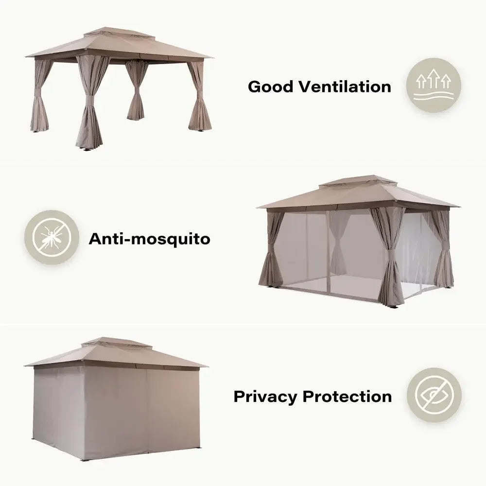 Gazebo 10x13ft, Heavy Duty Patio Gazebo with Expansion Bolts, Party Canopy Tent with Double Roofs, Mosquito Nettings and Privac
