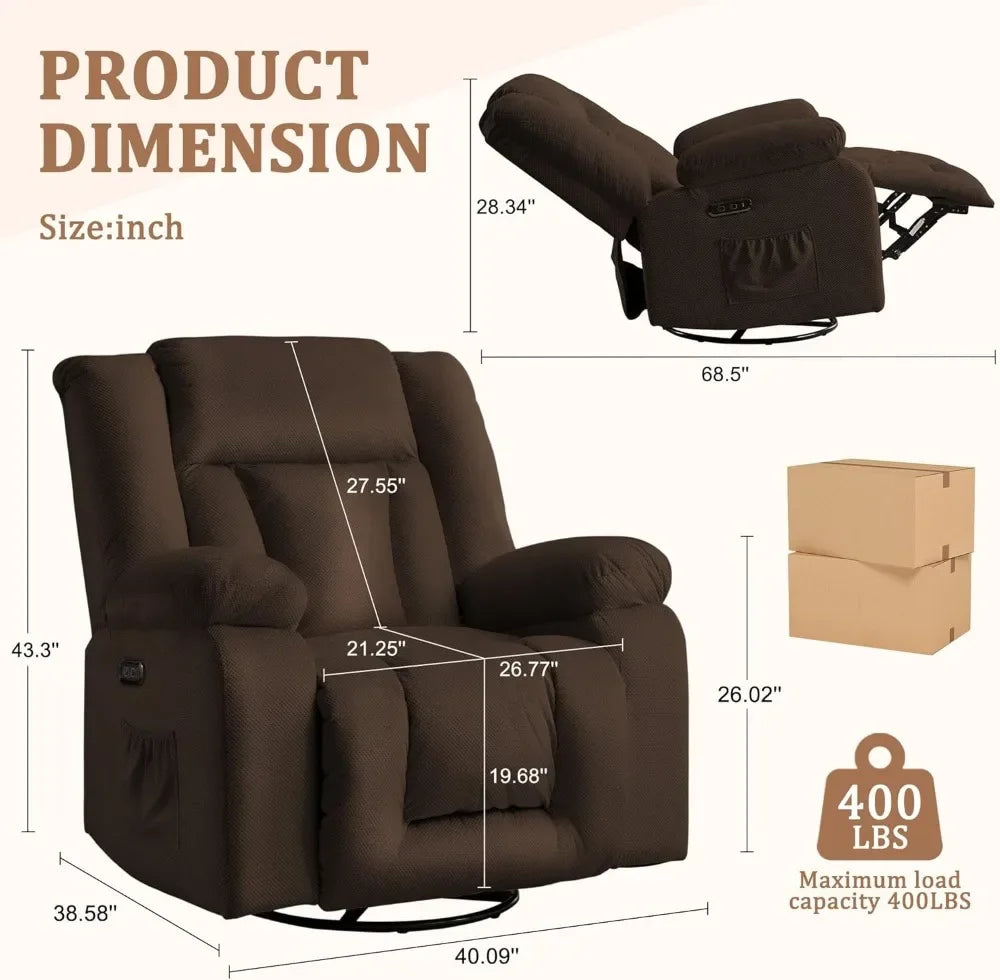 Electric Massage Recliner Chair with Heat & Swivel Rocking, Oversized Waffle Fabric for Living Room Bedroom