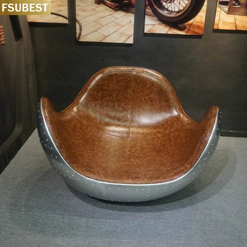 FSUBEST Vintage Aluminum Aviator ball chairs Living Room Sofas Leather Skin Rocking Aviator Aluminum Leather Arm Chair
