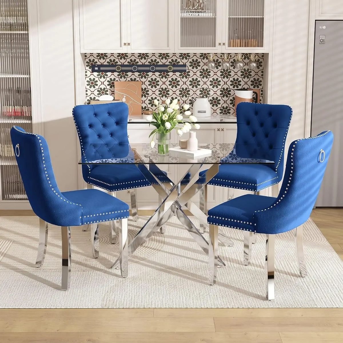 51" Glass Dining Table Set for 4, Grey | Tempered Glass Top, Silver Metal Legs, Velvet Chairs, Modern Dining Room Set, Custom