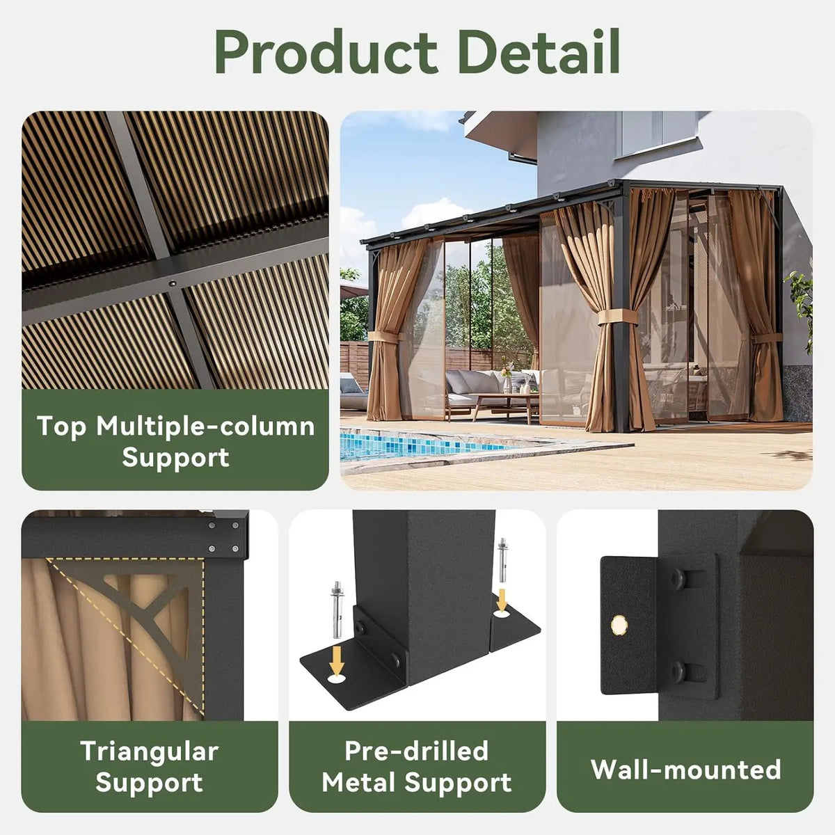 10x12ft Aluminum Lean-to Gazebo, Mosquito Net, Curtains & Polycarbonate Panel for Patio, Custom