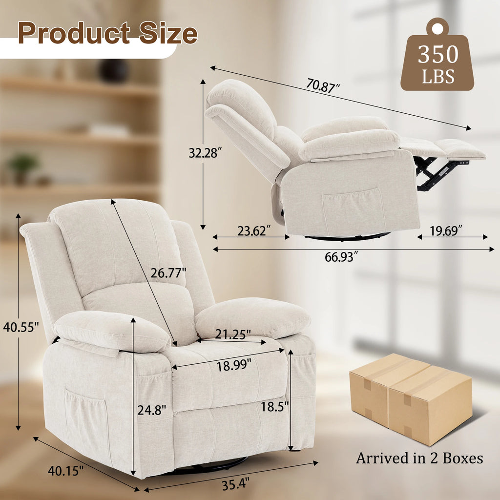 Korser Swivel Small Rocker Recliner Chair with Massage Chenille fabric Folding Armchair for Living Room，Bedroom